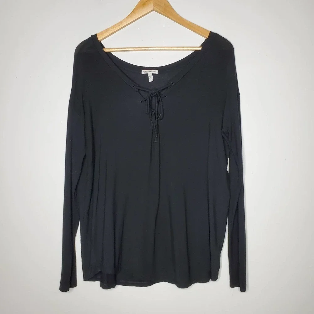 PINK Super Soft Tie Front Long Sleeve Tee Black S